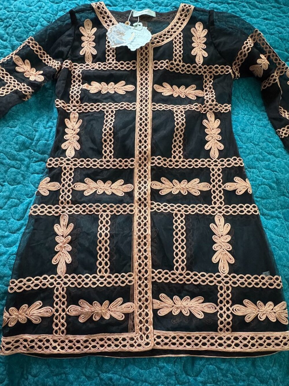 Simply Couture Black Dress with Gold Detailing Size S. NWT